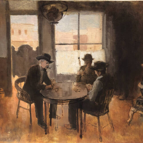 Scene includes a stove along the right side. Near center is a table of three men, all wearing hats. Bright windows look out into the street in the background.
